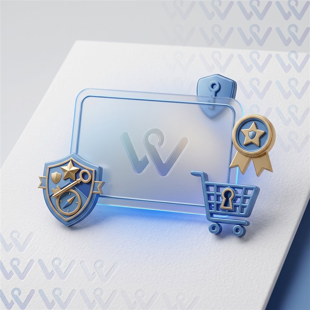 Insignia de Club de Beneficios Seguros Willisch con escudo de protección, medalla de calidad y carrito de compras
